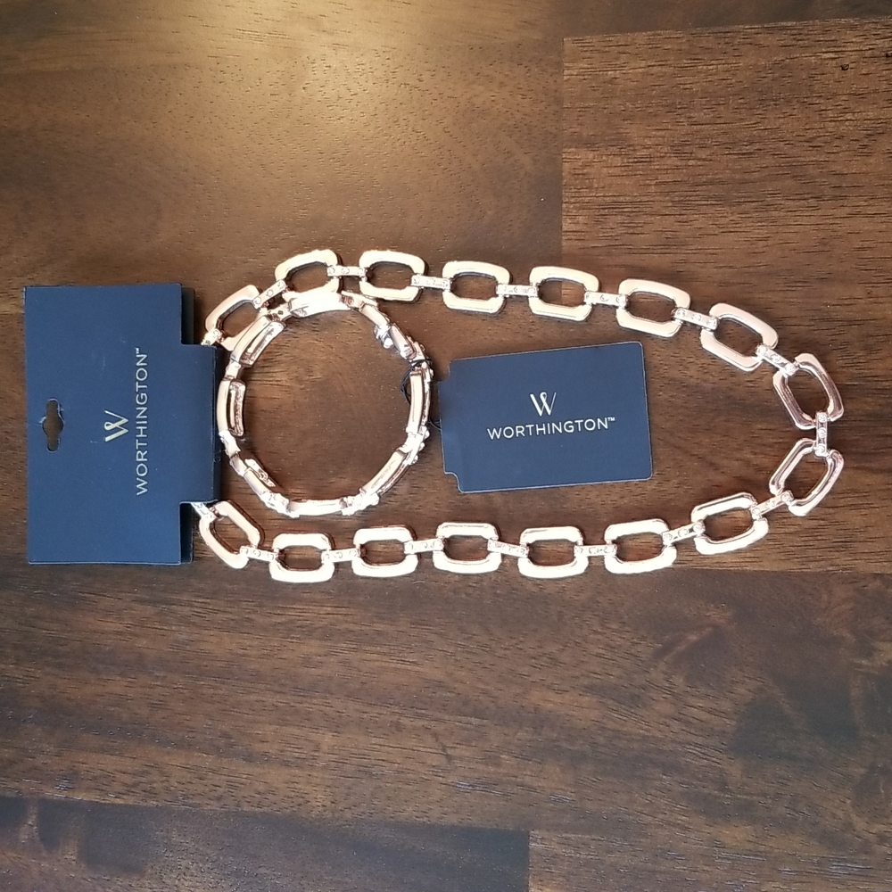 Worthington 18 inch necklace and 8 1/5 inch bracelet. Rose gold w/ rhinestones.